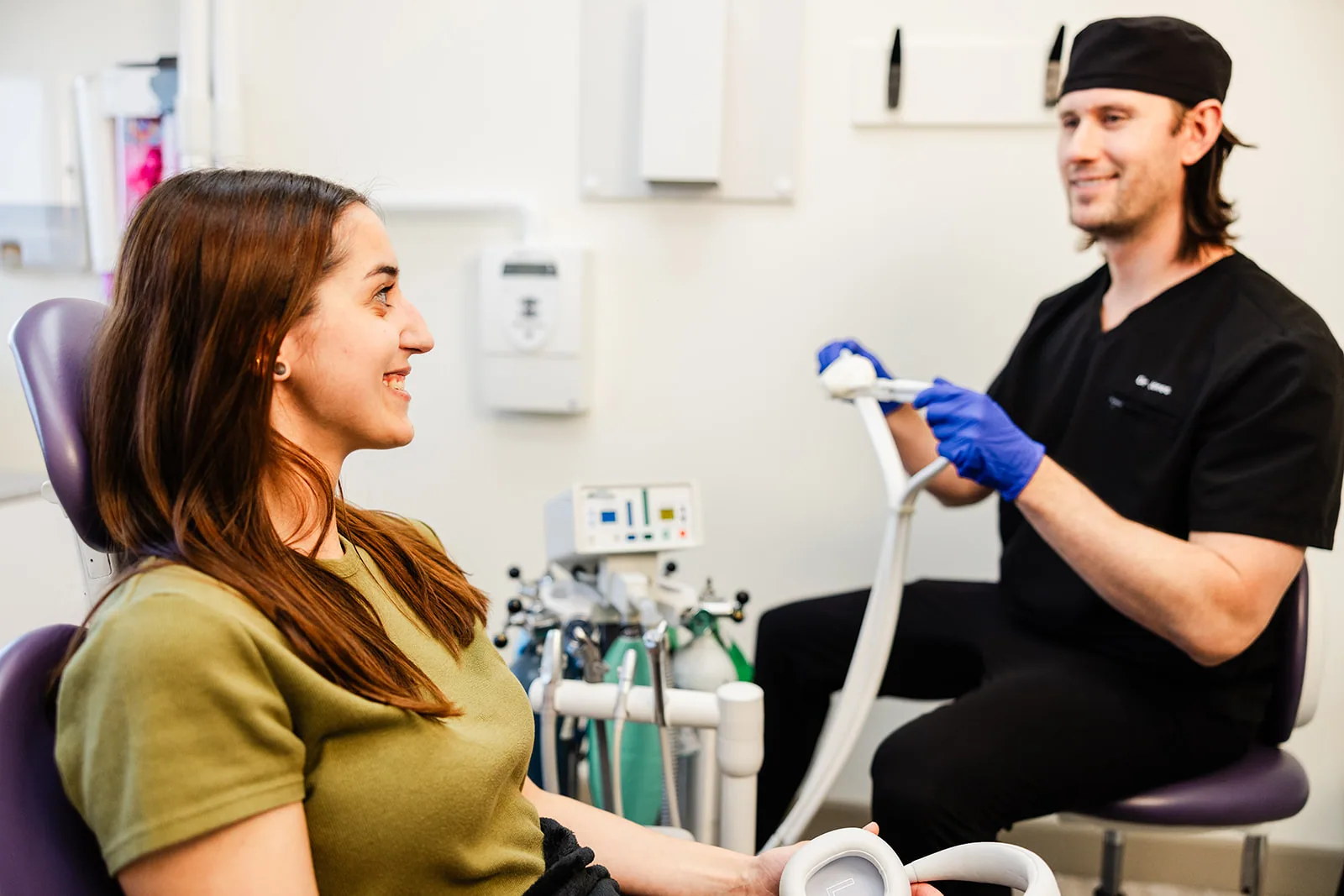 A patient being fitted with a nitrous oxide mask before treatment